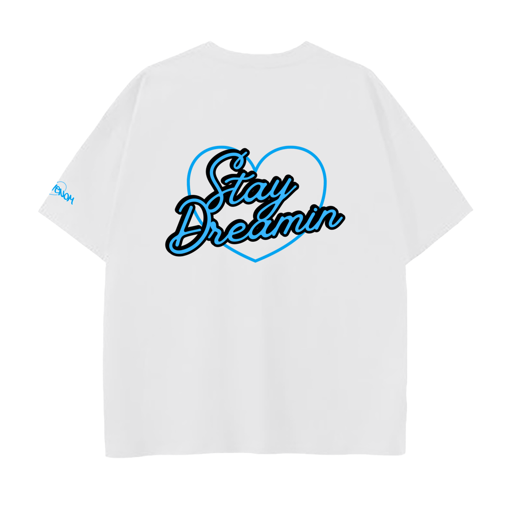White t-shirt with 'Stay Dreamin' design on a white background